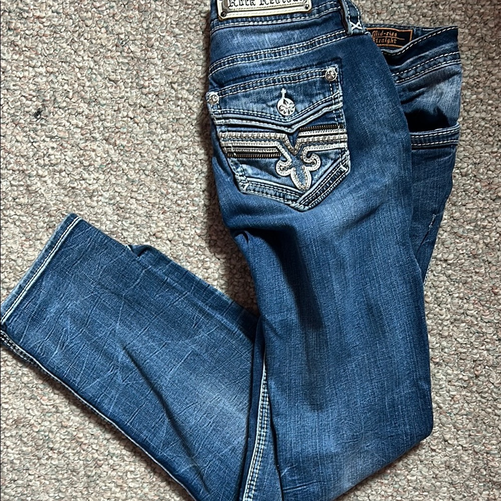 Rock Revival Blue Boot Cut Jeans with Ornate Design